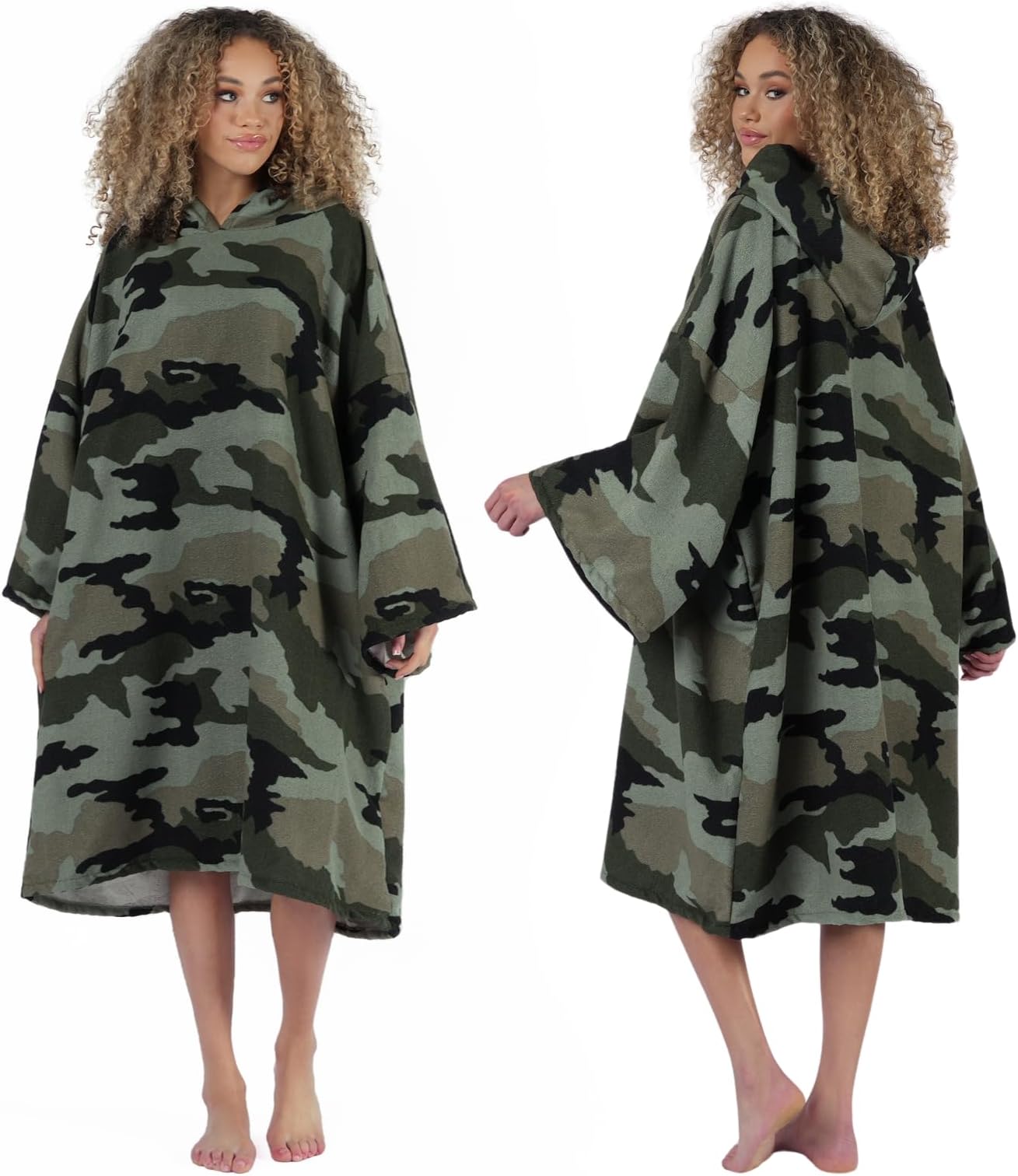 Brentfords Camo Print Towel Poncho Wrap Cover Adult Hooded Large Bath Swim Surf Beach Absorbent Microfibre Changing Dry Robe Men Quick Dry, Khaki Green