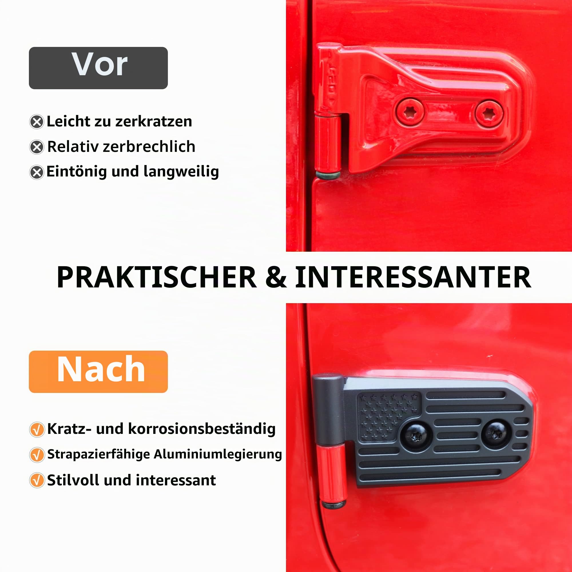 JL Aluminium-Türscharnier-Set, kompatibel mit Jeep Wrangler JL JLU & Gladiator JT Unlimited Rubicon Sahara Sportzubehör, Original Werksscharniere, Hülsenersatz, 8 Stück, Schwarz
