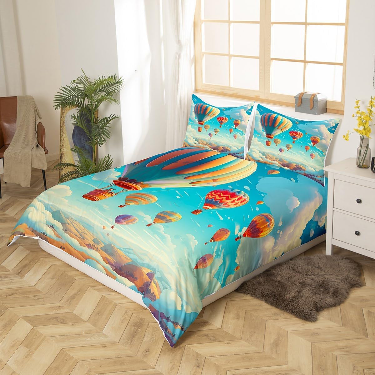 Feelyou Hot Air Balloon Bedding Set Colorful Hot Air Balloon Duvet Cover Boys Girls Mountains Comforter Cover Blue Sky White Clouds Bedspread Cover with 1 Pillowcase 2Pcs Bedding Twin,No Comforter