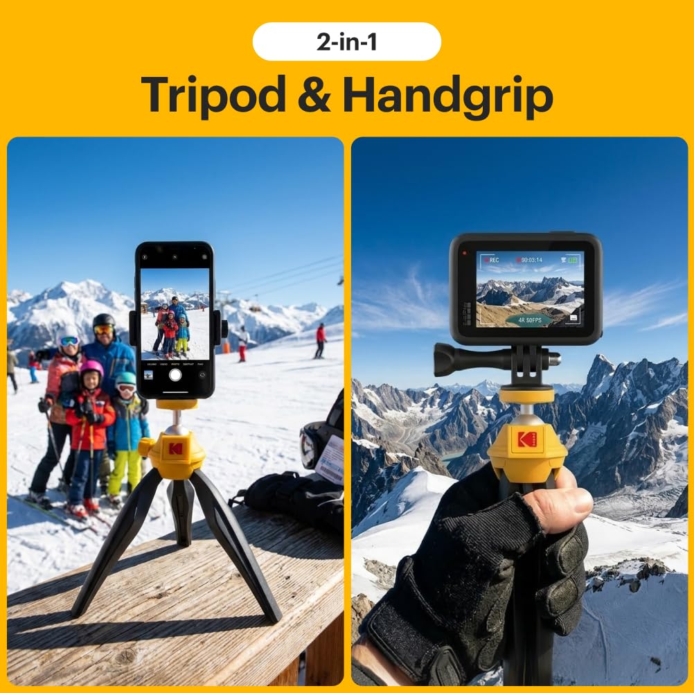KODAK Smartphone Tripod - Vlogging Trépied/poignée pour smartphones et caméras avec système de fixation à vis ¼ (Parfait pour les Vlogs/Vlogging, Déclencheur à distance Bluetooth amovible)