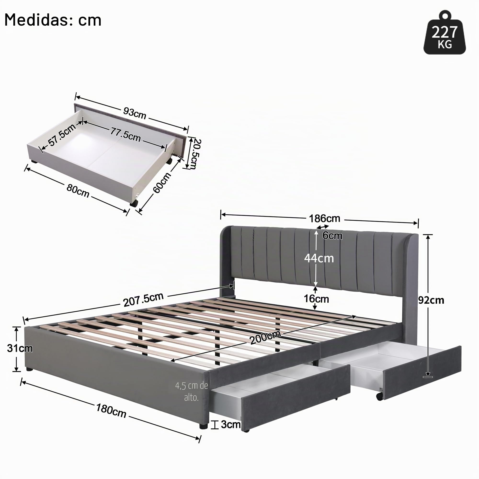 Cama de 180 x 200 con somier y 2 cajones, cama tapizada de 180 x 200 cm con espacio de almacenamiento, cama doble de terciopelo con somier de láminas, cama para adultos, gris