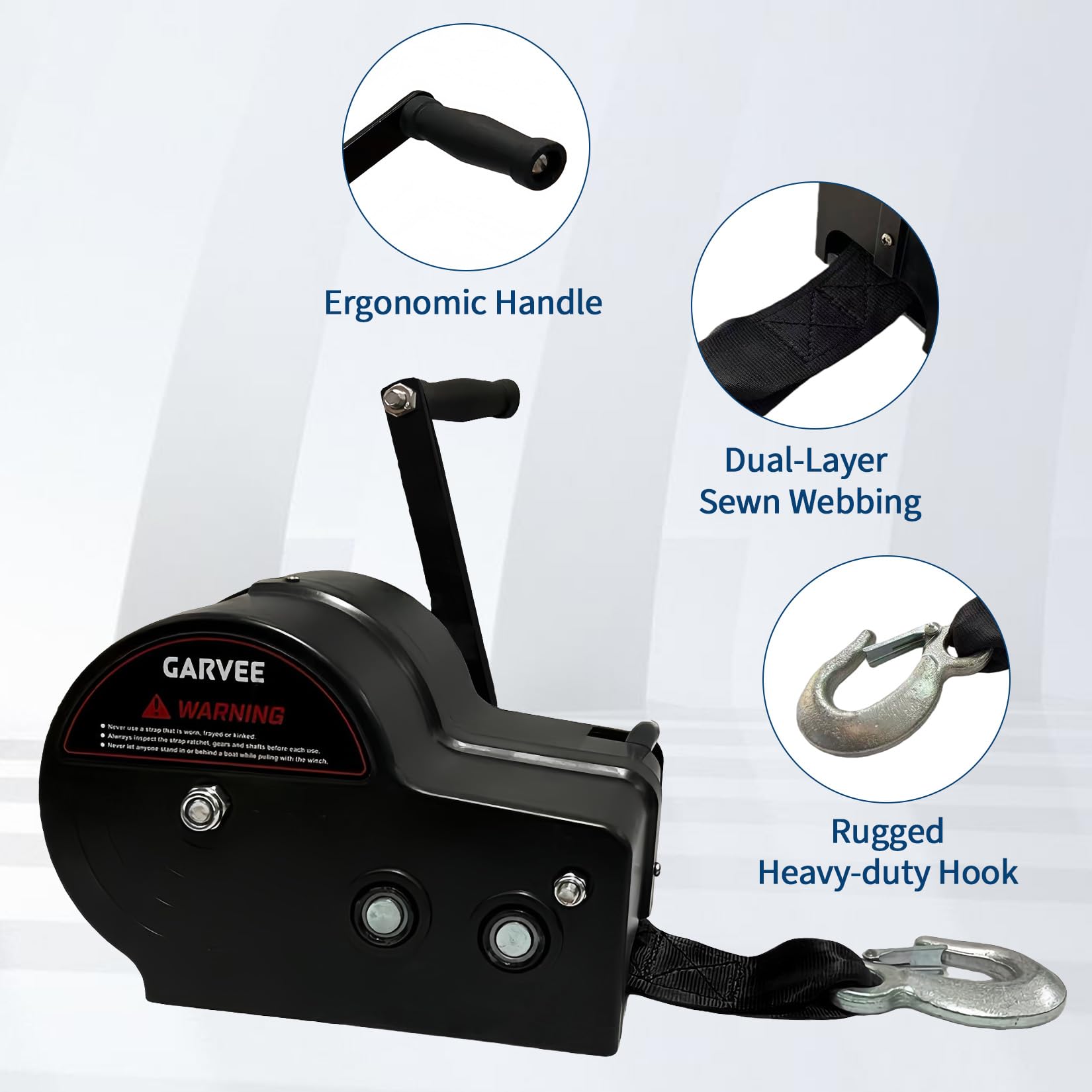 Garvee Treuil Manuel Robuste 3500lbs Pour Remorque Bateau – Sangle 10m, Double Rapport 4:1/8:1, Acier Galvanisé, Pour Remorque, Camion, ATV, Jet Ski – Poignée Standard, Noir