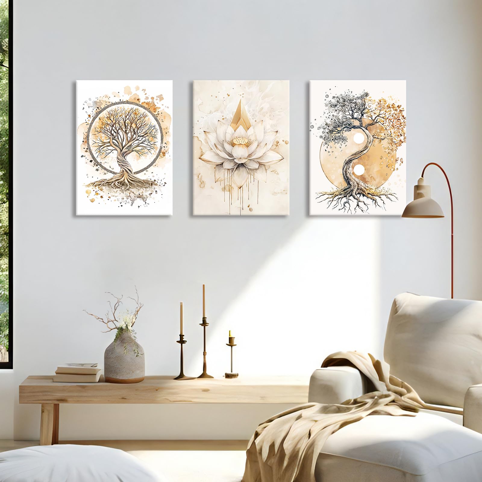 3 Pcs Wooden Framed Canvas Wall Art Set Bohemian Sage Green Canvas Prints Poster Geometric Line Beige Green Pictures for Living Room Bedroom Dinning Room Hallway Stairs Wall Decor 30x40cm x3pcs — view 107