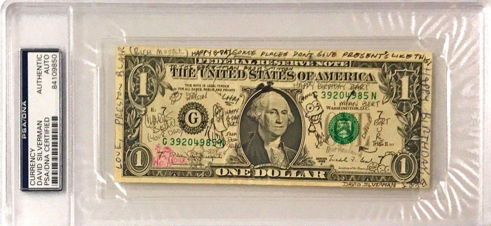 David Silverman Wes Archer Simpsons Multi Sketch & Signed Dollar Bill - PSA/DNA Certified - TV Cut Signatures
