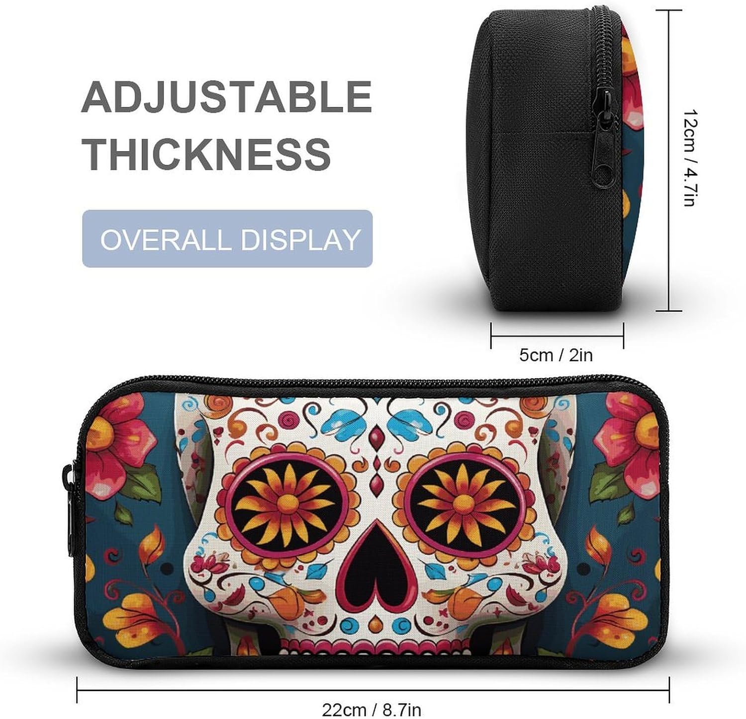 Colorful Sugar Skull Large Pencil Case, Makeup Storage Organizer image 2