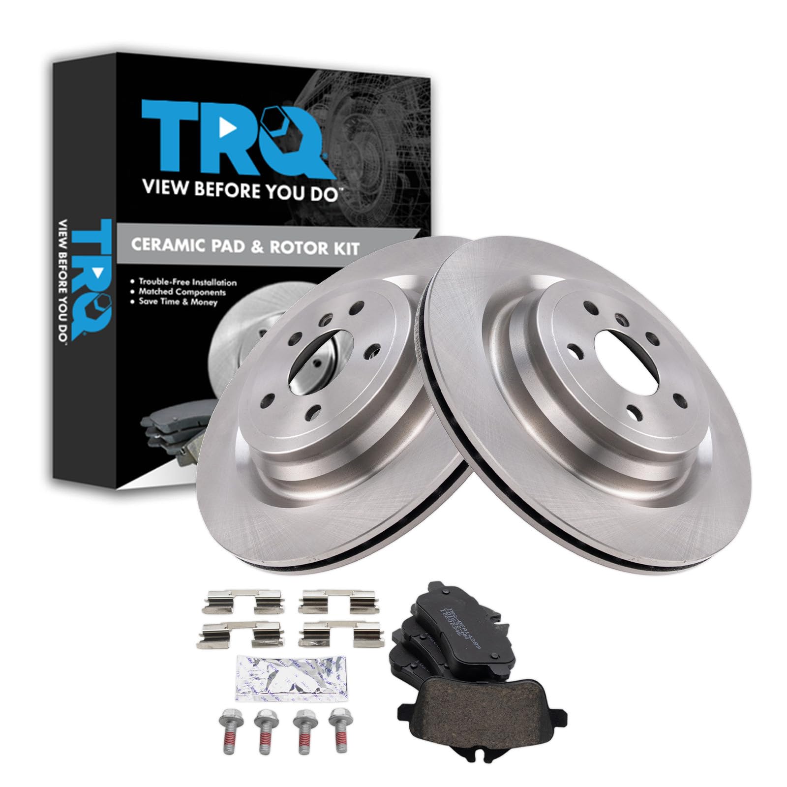 TRQ Rear Brake Pad &amp; Rotor Set Ceramic Compatible with 2013-2015 Mercedes-Benz ML350 2014 ML550 2015 ML400 2016 GLE300d 2016-2018 GLE350 2016-2017 GLE400 2016 GLE450 AMG 2017-2018 GLE43 AMG GLE550e