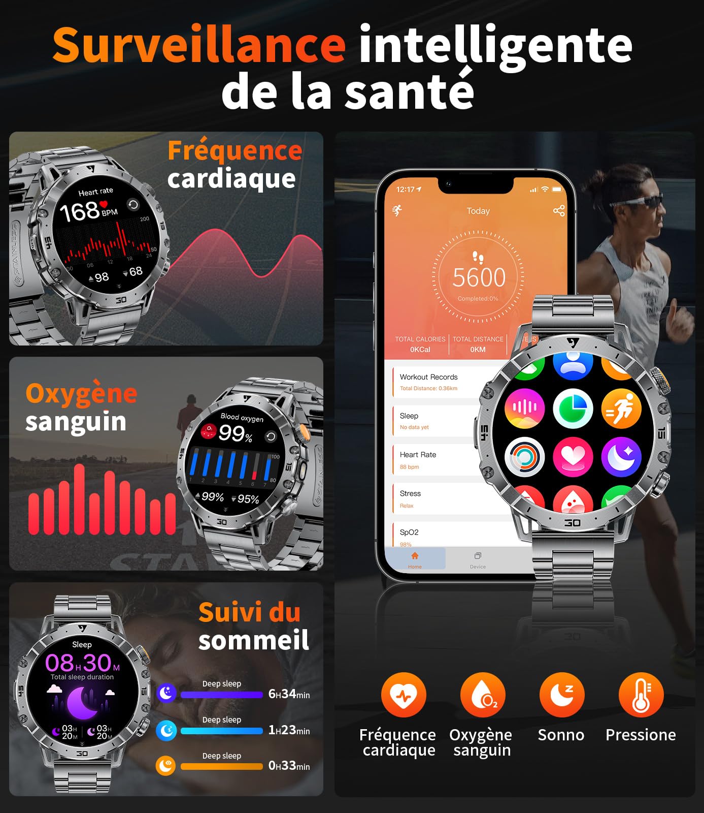 SUNKTA Montre Connectée Homme,1000mAh Longue Autonomie Batterie/1.7‘’ Grand Écran avec Appels/Lampe de Poche/IP68 Étanche Fréquence Cardiaque/Pédomètre,3 Bracelet Smartwatch pour Android iOS