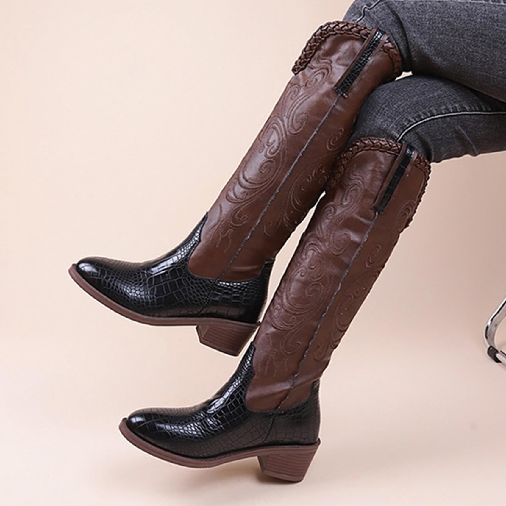 Stivali da Equitazione per Motociclista in Pelle da Donna, Stivali da Lavoro Classici Antiscivolo, Stivali Western Tradizionali Patchwork Ricamati per Il Turismo