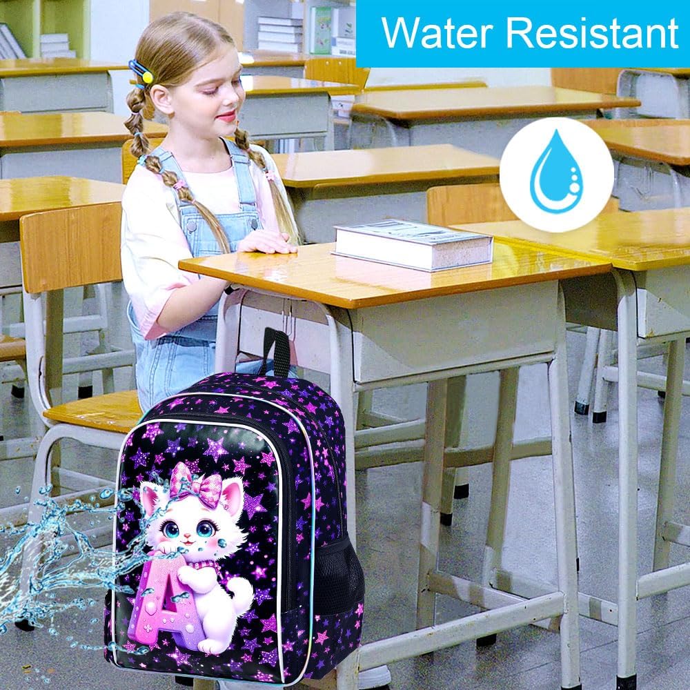 CCJPX 16" Cat Backpack for School, 3Pcs Girls Kids Bookbag with Lunch Box, Water Resistant Elementary School Bag for Kindergarten Preschool Toddler (Black)