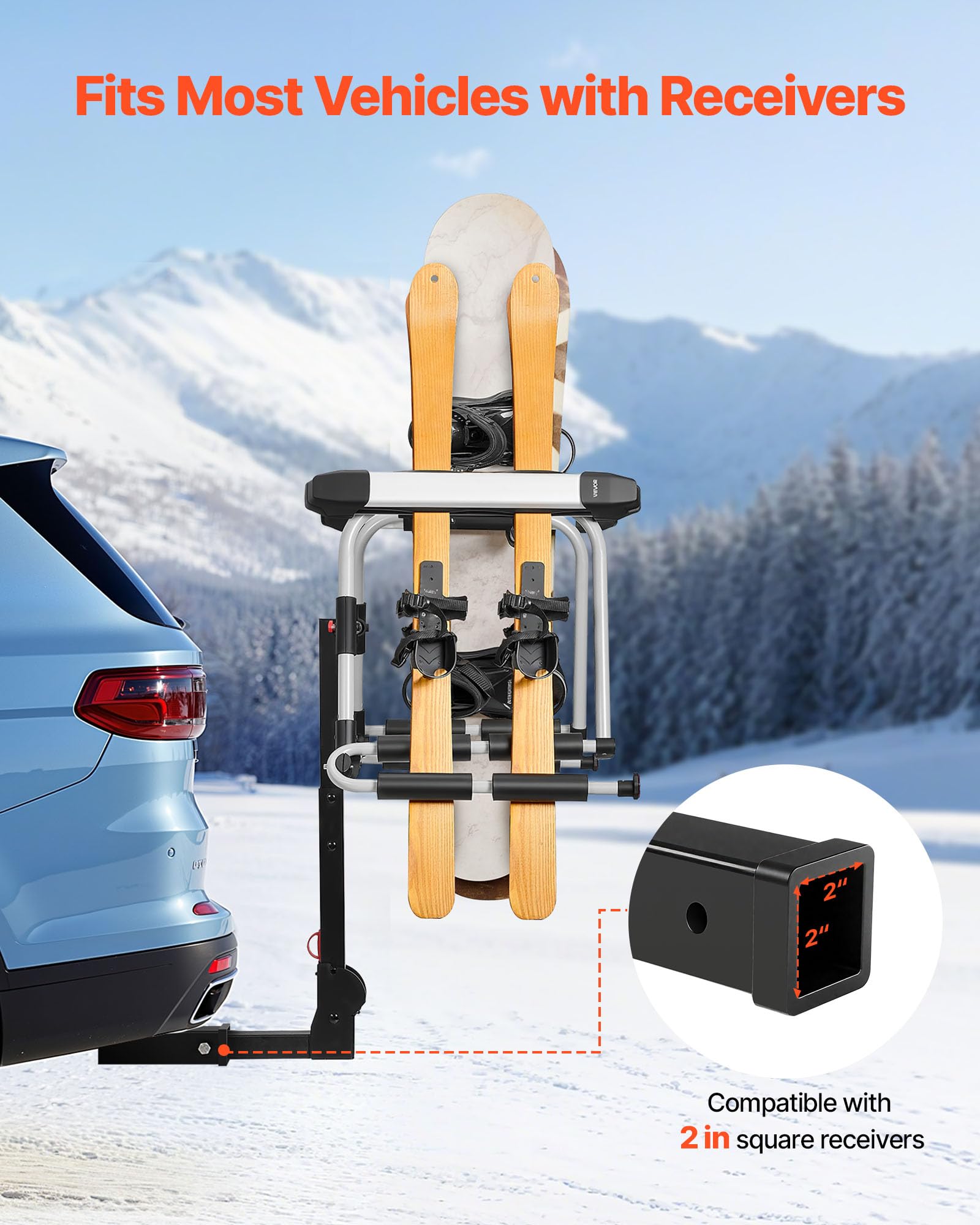 VEVOR Bagażnik dachowy na narty, snowboard, do 6 par nart/4 desek snowboardowych, zamykany bagażnik dachowy z gumową wyściółką i pasem bezpieczeństwa, uchwyt na narty, bagażnik na hak holowniczy
