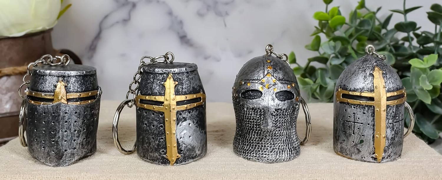 Ebros Gift Medieval Knights of The Cross Templar Crusader Knight Helm Mask Sculptural Keychains Pack of 4 Suit of Armor Miniature European Warriors Figurines