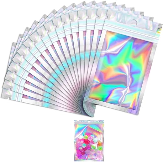 Homeaura 100 Pcs ZipLock Pouch Small Transparent Holographic Mylar Bags 8×13 cm | Zip Seal | Clear Display | Packaging & O...