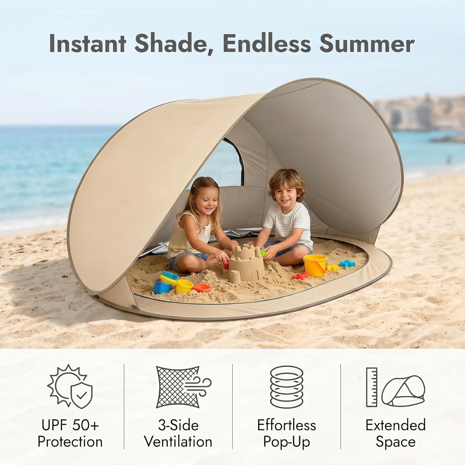 Tente de Plage Pop Up 3-4 Personnes, Abri de Plage UPF 50+ avec Tapis de Sol Amovible, Tente Pare-Soleil Portable pour Camping, Pique-Nique, Jardin et Extérieur (Beige)