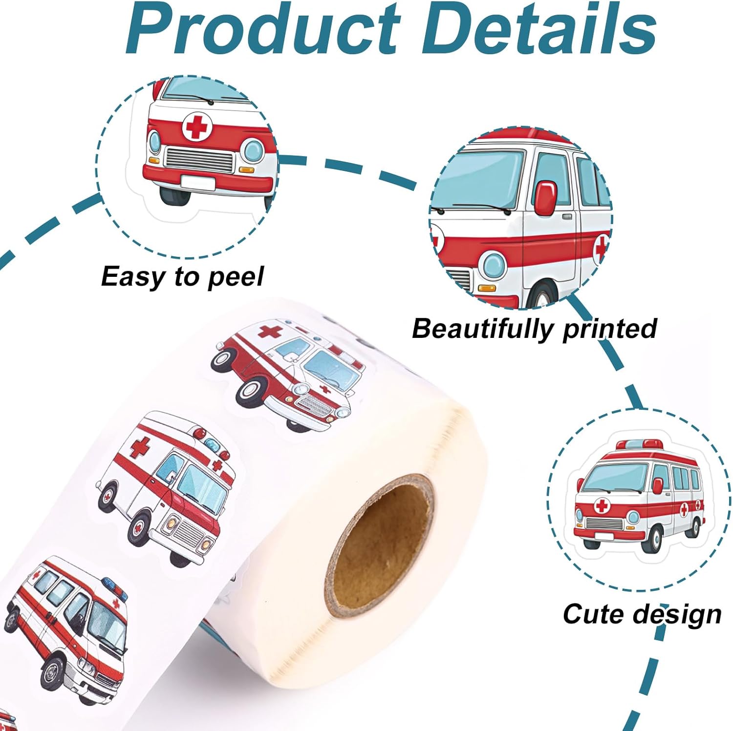 500pcs Ambulance Car Stickers, 12 Fun Styles Rescue Vehicle Stickers Roll Self-Adhesive Ambulance Decals for Kids DIY Crafts Party Favors Scrapbooks Water Bottle Luggage Phone Decorations
