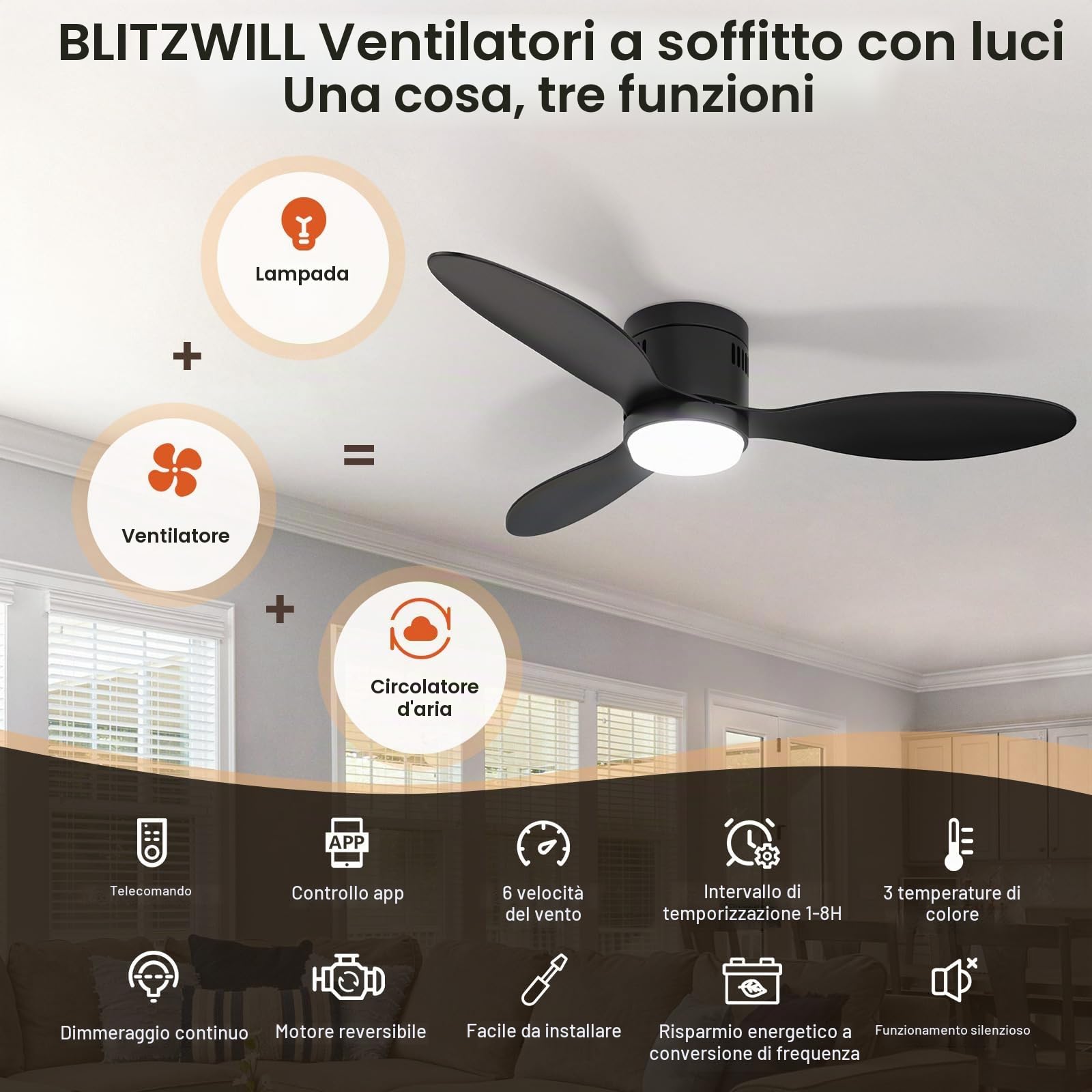 Ventilatore da Soffitto con Luce, Ø132cm Ventilatori da soffitto con Illuminazione LED, Controllo App&Telecomando, 6 Velocità, 3 Colori Dimmerabile, 3 Pale, Silenzioso, Estate-Inverno,Timer