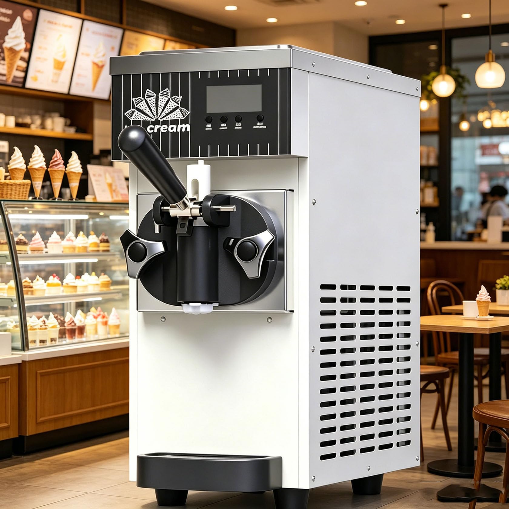 HUMNZR Soft Serve Single Flavor Ice Cream Machine,Countertop Yogurt Maker 4-8kg/H Output, 3.5l Refrigerated Hopper, 1l Freezing Tank, Auto Clean, Lcd Panel For CaféS And Milk Tea Shops White-450W