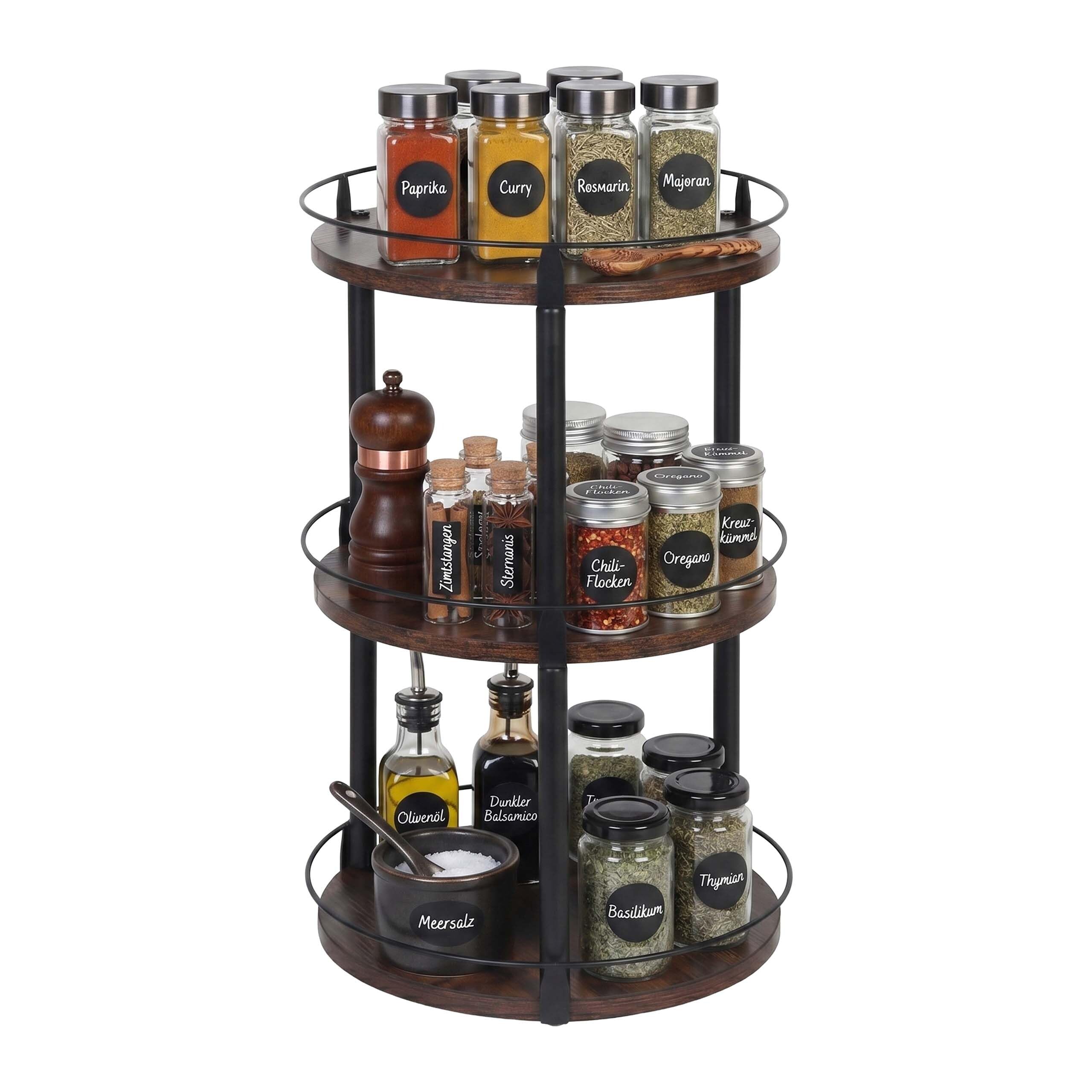 Relaxdays portaspezie Girevole 360°, 3 Ripiani, Bordo anticaduta, 45×26 cm, per Olio & aceto, Marrone/Nero