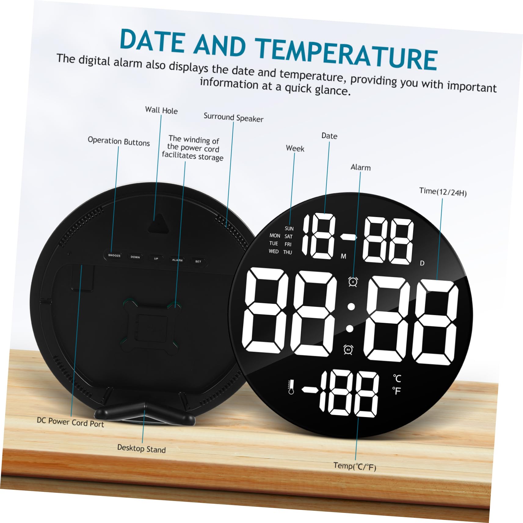 Ciieeo Orologio Digitale da Parete Rotondo LED Nero 9 Pollici