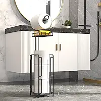 Suporte Porta Papel Higiênico de Chão, Suporte com Armazenamento para 3 Rolos de Reserva e Bandeja Metálica para Toalhetes Umidecidos, Cor Preta
