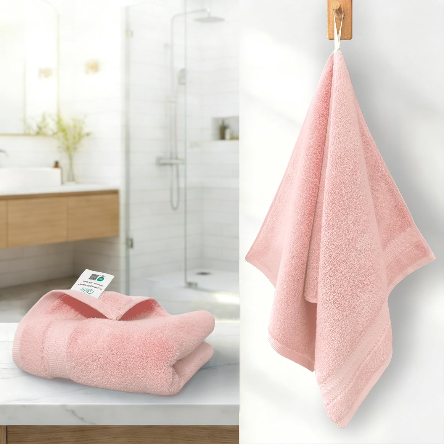 VOOVA & MOVAS Light Pink 100% Cotton Hand Towels Set of 2 with Hanging Loop (13"x29") - Lightweight, Quick Dry & Soft, Hotel Spa Quality Face Towel Set, Essential for Bathroom, Dorm, Travel & Gift