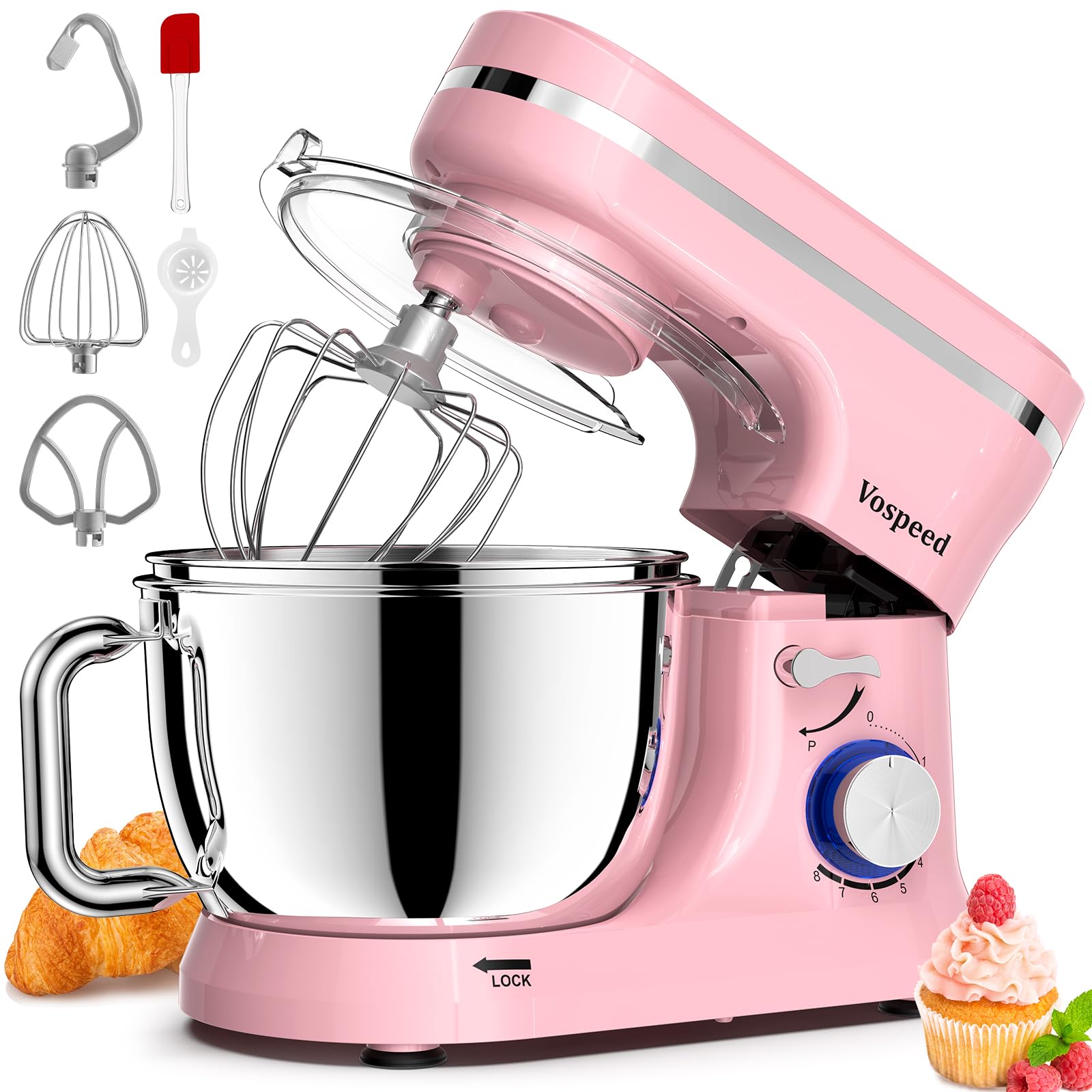 Vospeed Stand Mixer, 4.5L+5L Bowls 8-speed 1000W Tilt-Head Food Mixer for Baking, Kitchen Electric Mixer with Dough Hook, Whisk, Beater, Splash Guard (Pink) โ image 1