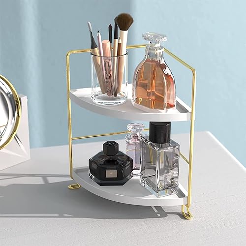 Vista 5 de Organizador de mostrador de perfume de maquillaje de 2 niveles, estante de encimera de esquina de baño, bandeja de almacenamiento para dormitorio