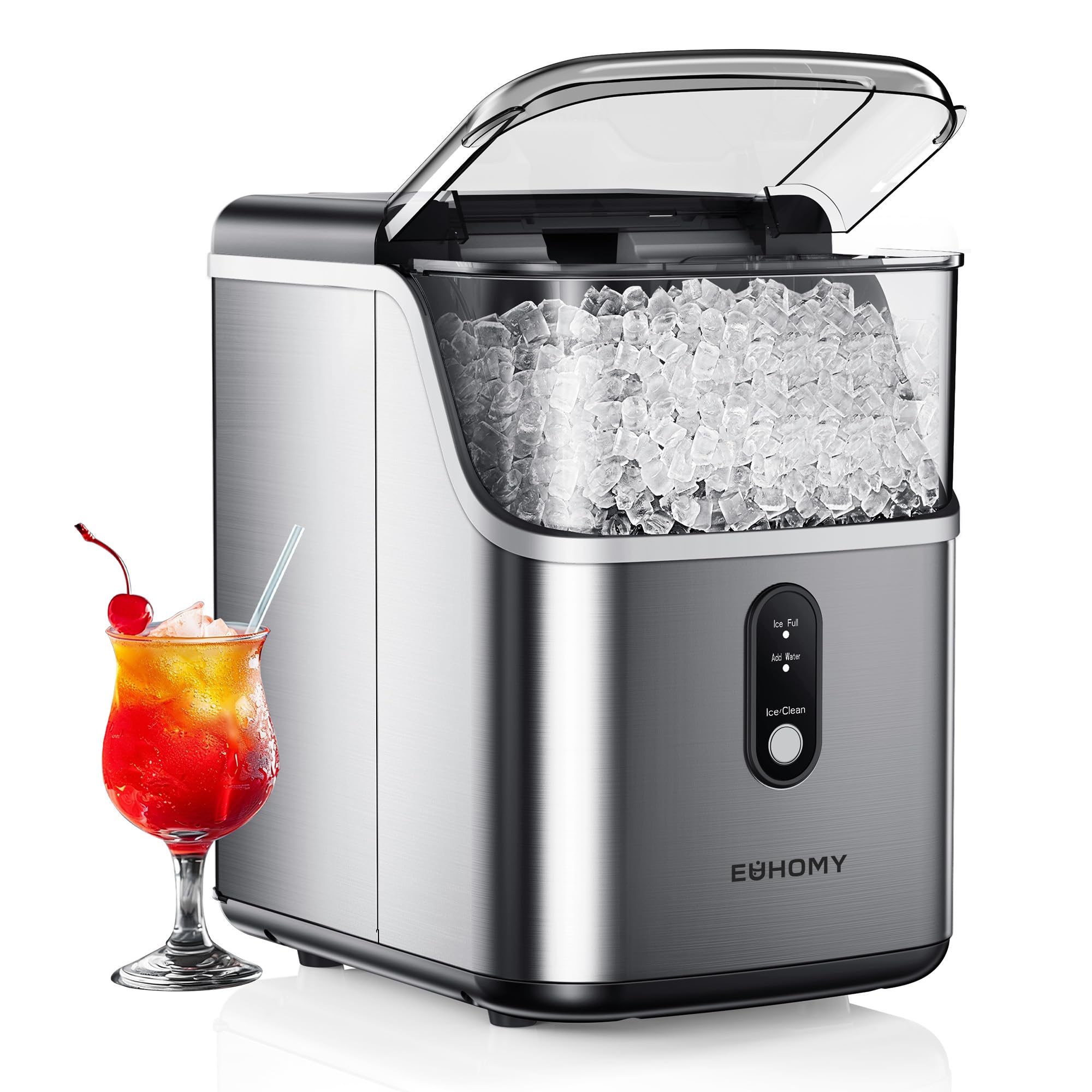 EUHOMY Nugget Ice Makers Countertop, Pebble Ice Maker Machine with 35lbs/24H Soft Ice, Self-Cleaning Sonic Ice Maker with Ice Scoop&Basket, Pellet Ice Maker for Home/Kitchen/Office(Stainless Steels)