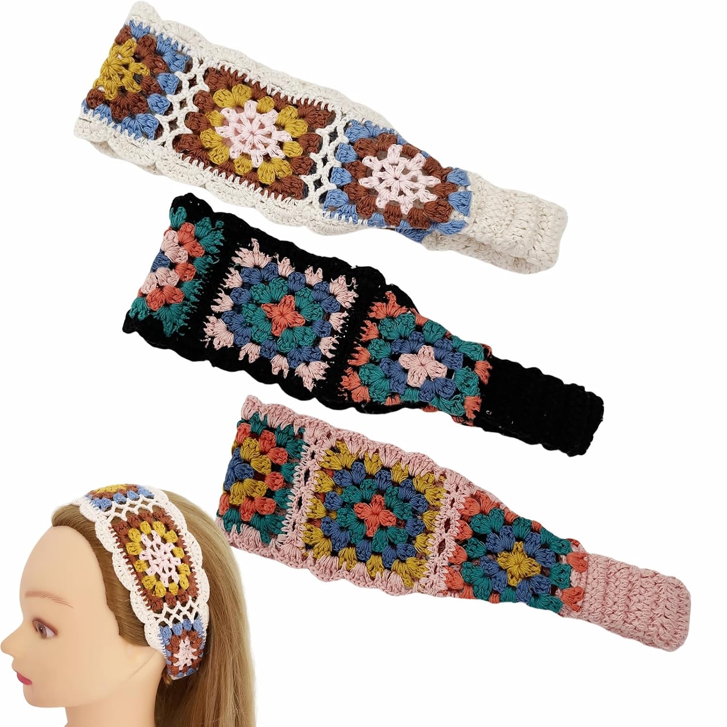 3PCS Crochet Headband Square Bandana Elastic Handmade Bohemian Knit Head Wrap for Women