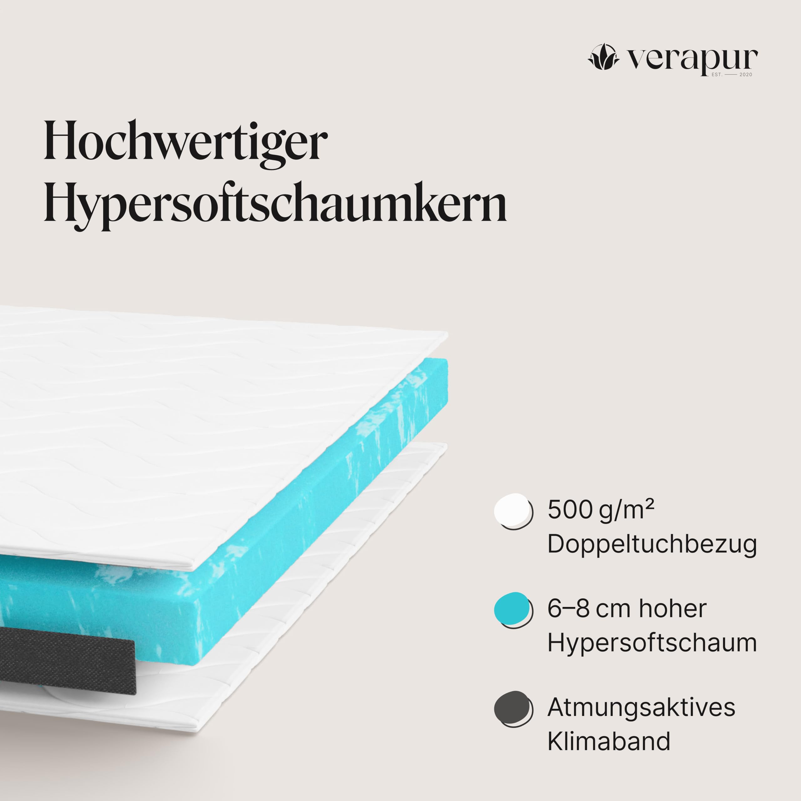 verapur Hypersoft HT600 nakładka na materac, 70 x 200 cm, ÖKO-Tex, wysokość całkowita 6 cm, miękka nakładka na materac, poszewka nadająca się do prania