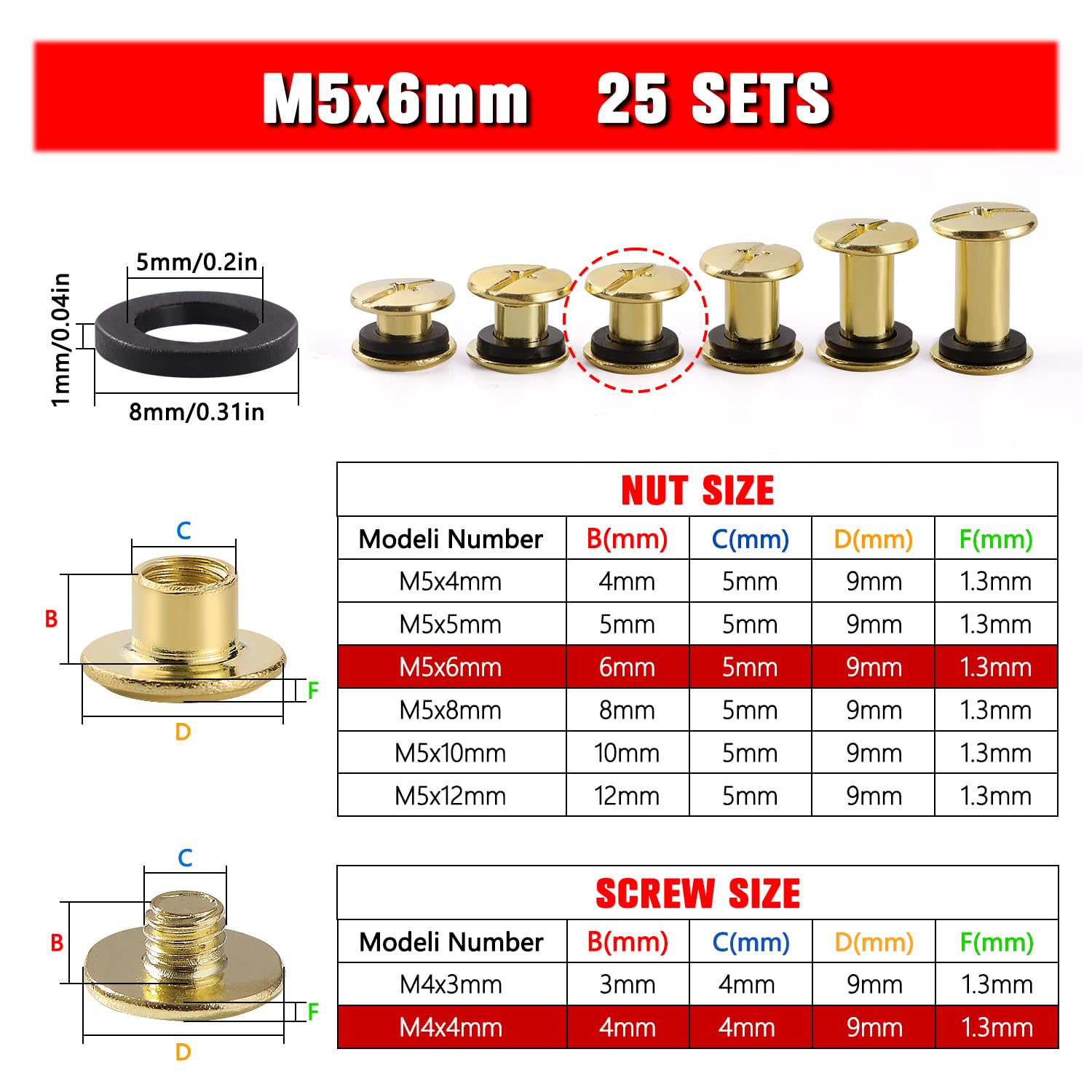 YIXISI 25 Set M5x6mm Chicago Binding Screws Kit, Book Binding Rivets, Leather Rivets, Binding Screws Posts - Image 2