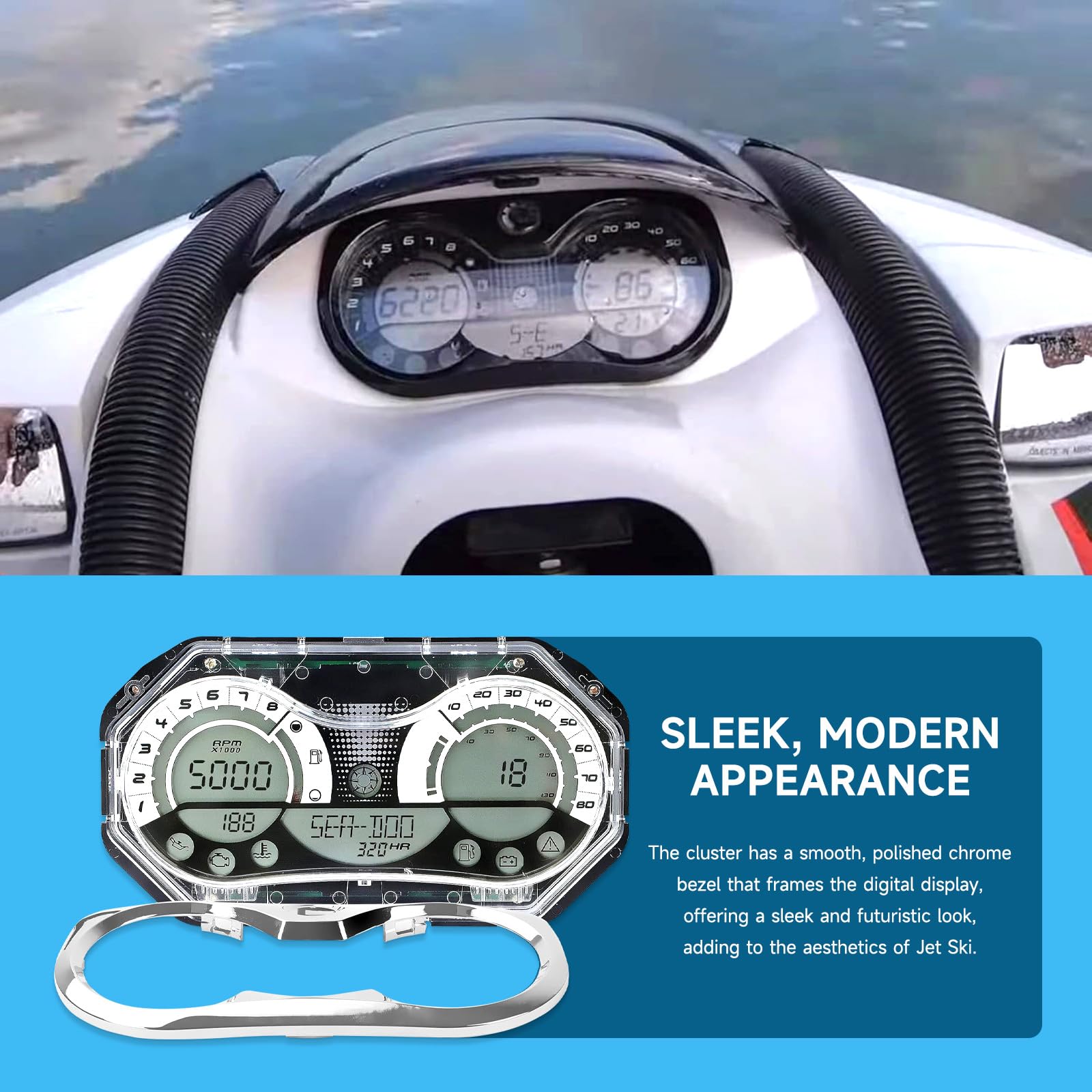 278002270 - Tachimetro LCD digitale per Jet Ski con cluster di strumenti per Seadoo GTX RXP RXT Wake 278002328 278002326 278002319 278002317 con 278002144 Cornice cromata