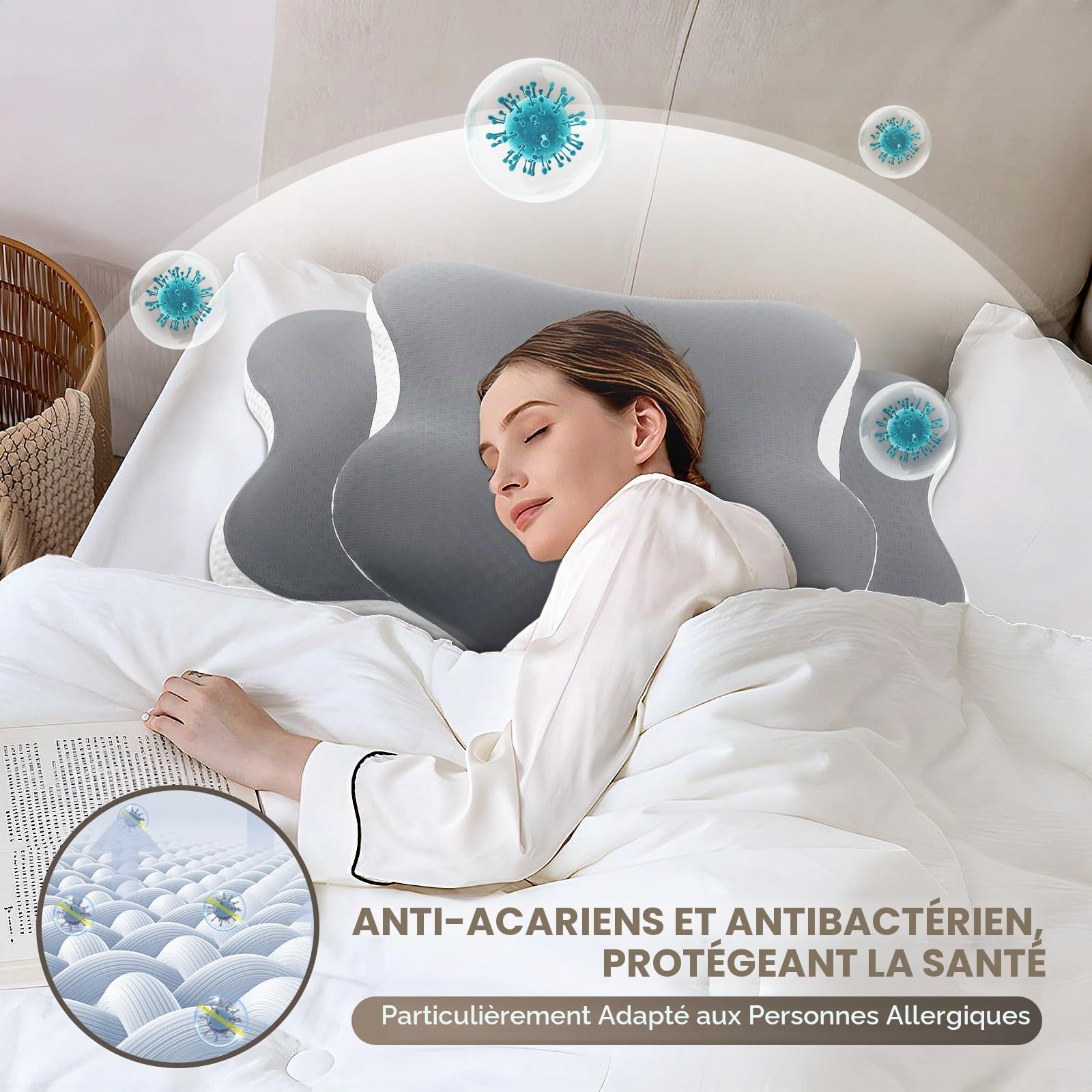 A-Pce Oreiller Ergonomique en Mousse à Mémoire de Forme, Gris Clair
