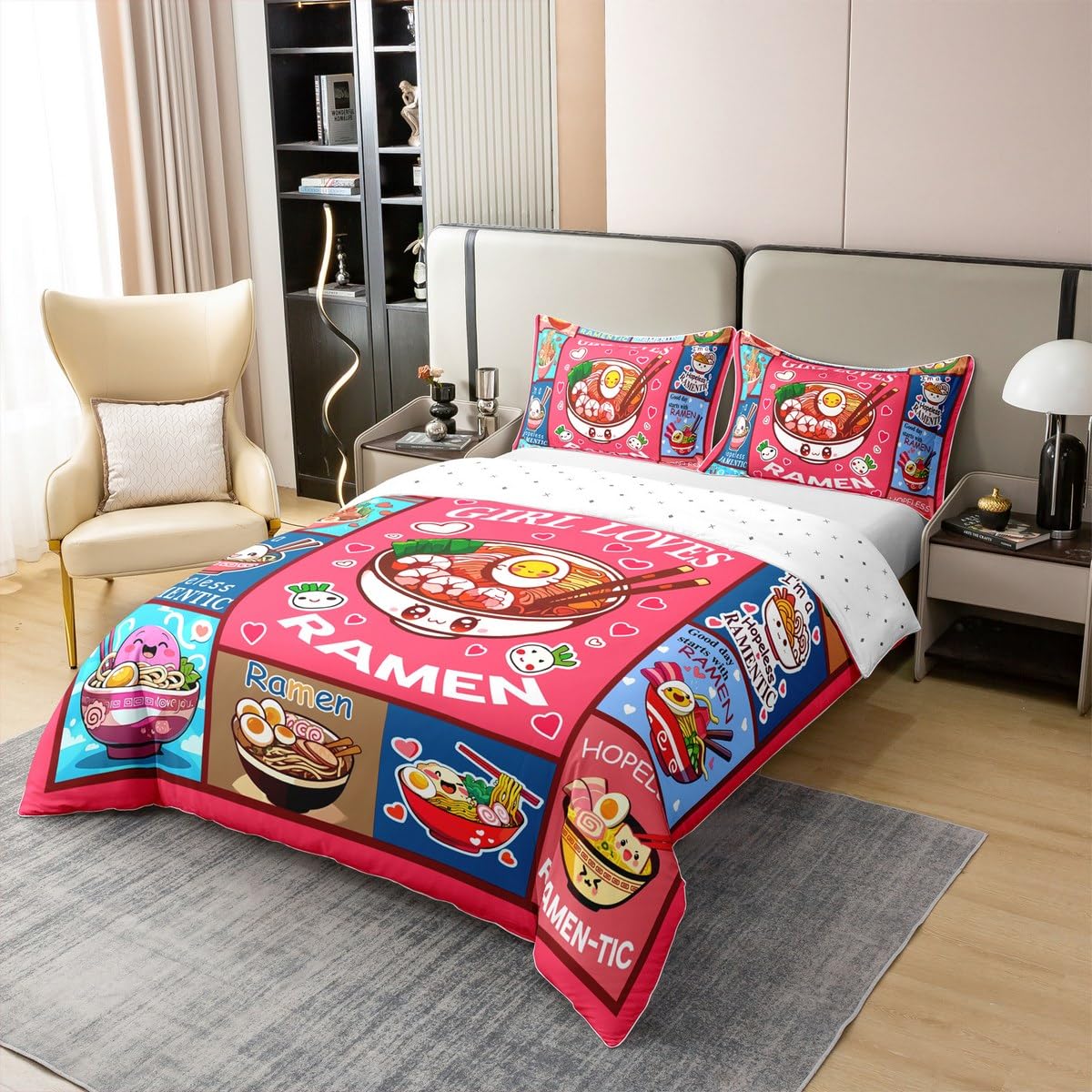 Loussiesd Ramen Baumwolle Bettwäsche Set 155x220cm Kinder Jungen Mädchen Ramen Suppe Bettbezug Ultra weiches Geschenk für Mädchen liebt Nudeln Betten Mädchen liebt Ramen Bettwäsche-Set Zimmer Dekor
