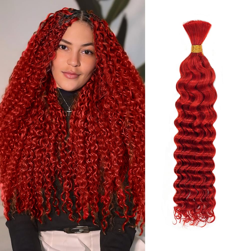 Deep Wave Human Braiding Hair for Boho Braids – 18 Inch 40g 1 Bundles/Pack Red, 100% Unprocessed 12A Brazilian Virgin Hair Bulk, No Weft, Wet & Wavy Curly Knotless Extensions