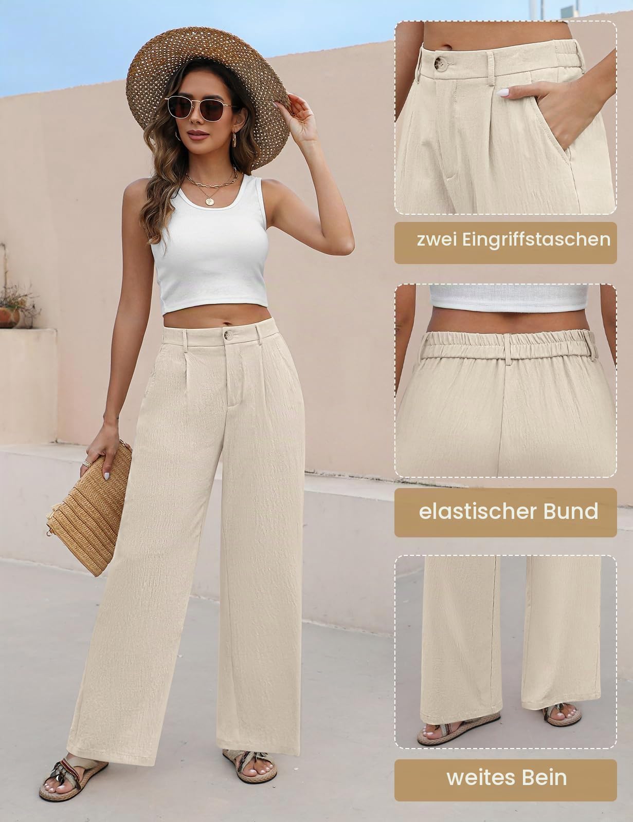 Hose Damen Sommer Weites Bein Freizeithose Hight Waist Geradem Sommerhose Leichte Bequeme Lässige Anzughose Hosen Lang mit Taschen, Knopfleiste