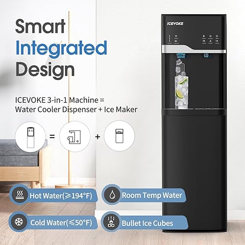 Miniatura 2 de Dispensador de agua autolimpiante con máquina de hielo, enfriador de agua caliente y fría de carga inferior para botellas de 3 o 5 galones, incluye