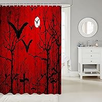 Vista 2 de Accesorios impermeables para baño de Halloween con 12 ganchos para adolescentes, murciélagos voladores de bosque, cortinas de ducha de tela