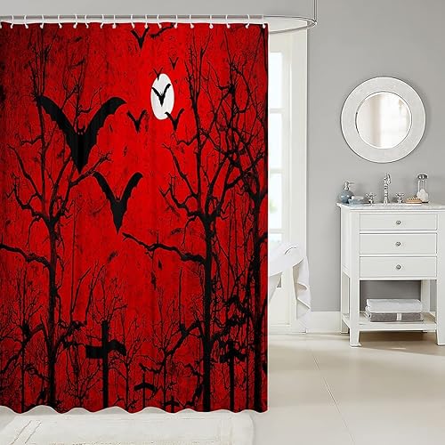 Miniatura 2 de Accesorios impermeables para baño de Halloween con 12 ganchos para adolescentes, murciélagos voladores de bosque, cortinas de ducha de tela para