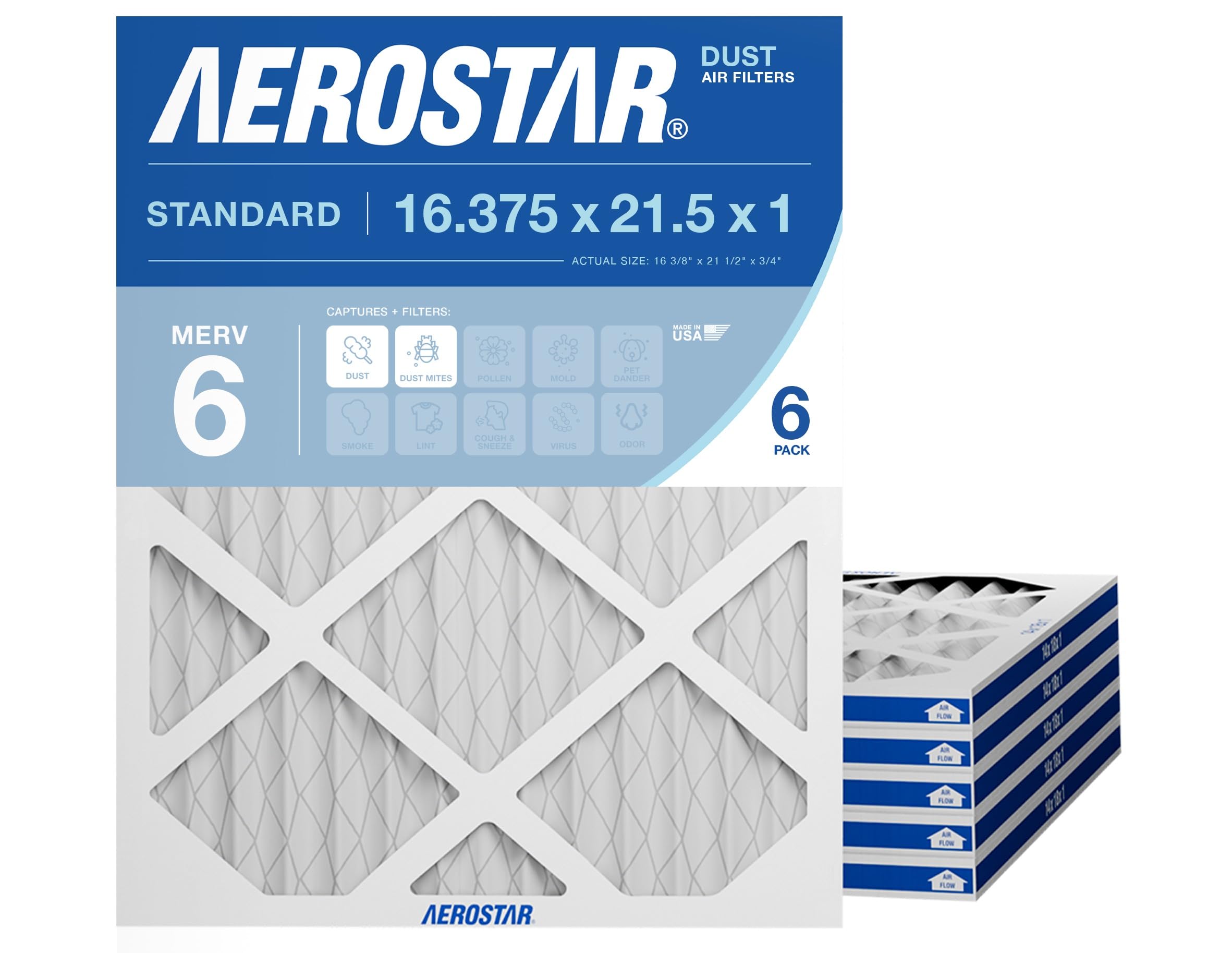 Aerostar 16 3/8 x 21 1/2 x 1 MERV 6 Pleated Air Filter, AC Furnace Air Filter, 6 Pack (Actual Size: 16 3/8"x21 1/2"x3/4")