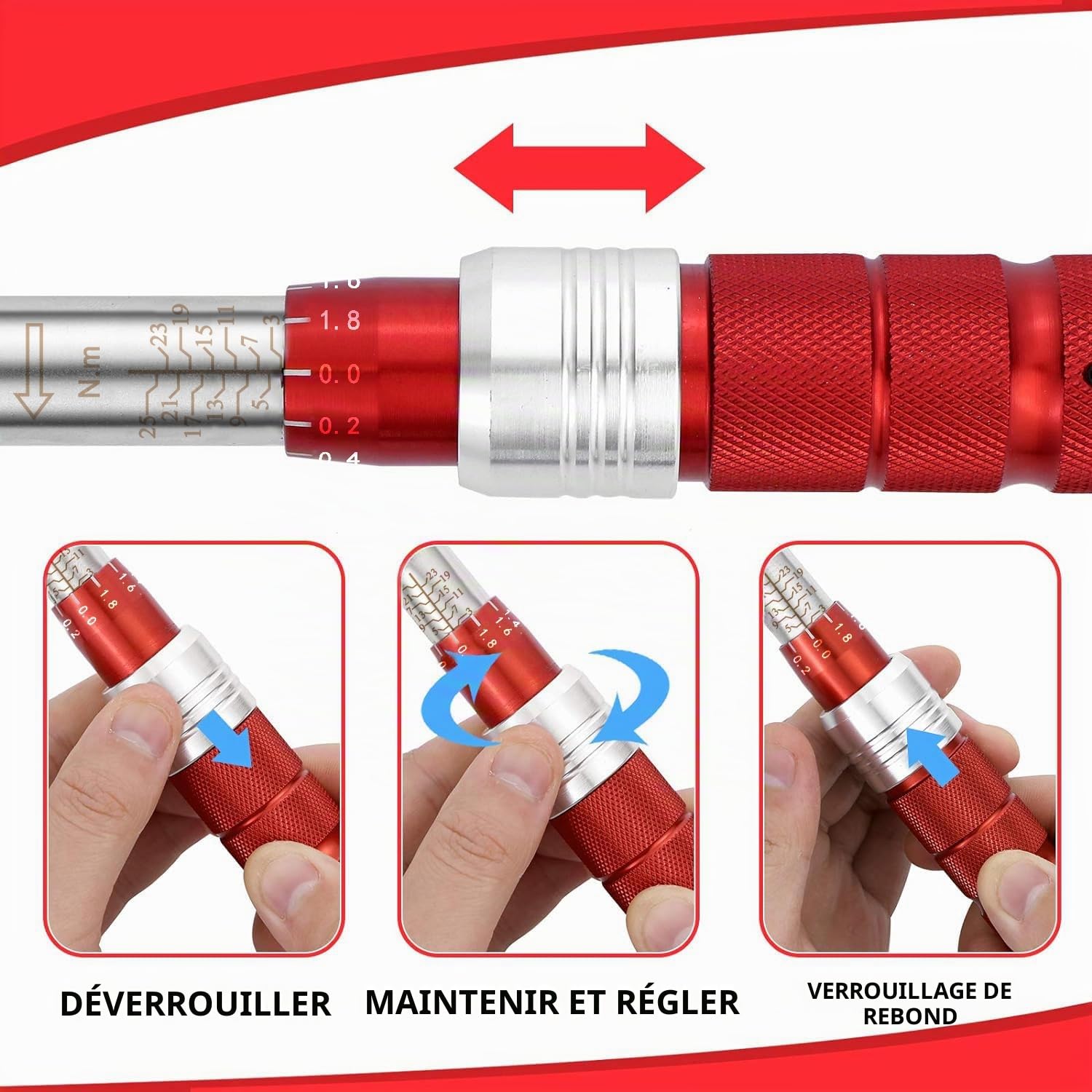VANPO Clé Dynamométrique 1/4", Clé de Torsion 3-25 Nm, Précision ± 3% con Bouton de Libération Rapide, Tête à Cliquet Réversible, Barre d'extension, 3/8" Adaptateur pour Vélos Route y Montagne, Moto