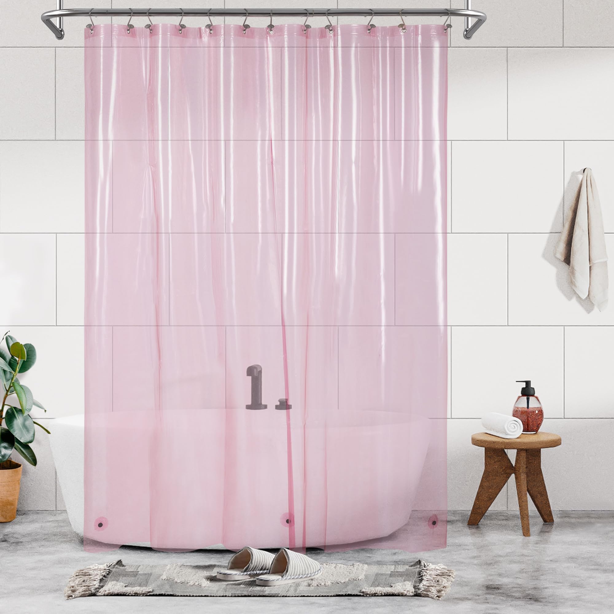 Barossa Design Extra Long Clear Pink Shower Curtain Liner with 3 Magnets - 72" x 84" XL, Waterproof PEVA Lightweight Shower Liner for Bathroom, PVC Free, Metal Grommets - Clear Pink, 72x84