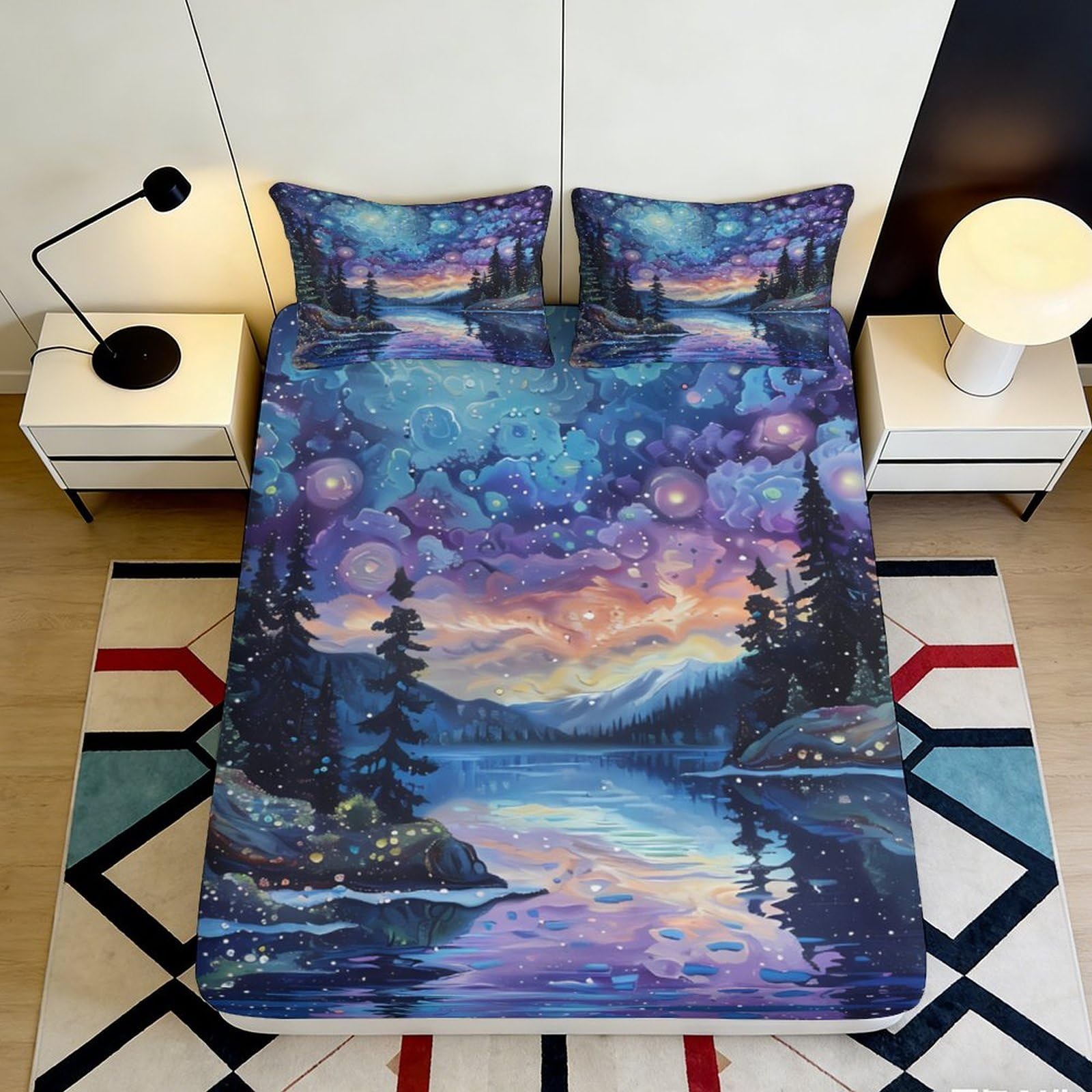 3D Printed Aurora Forest Fitted Sheet Microfiber Soft Gradient Sky Mattress Cover for Bedroom Dorm Mattress Protection Decor 90x200x25cm