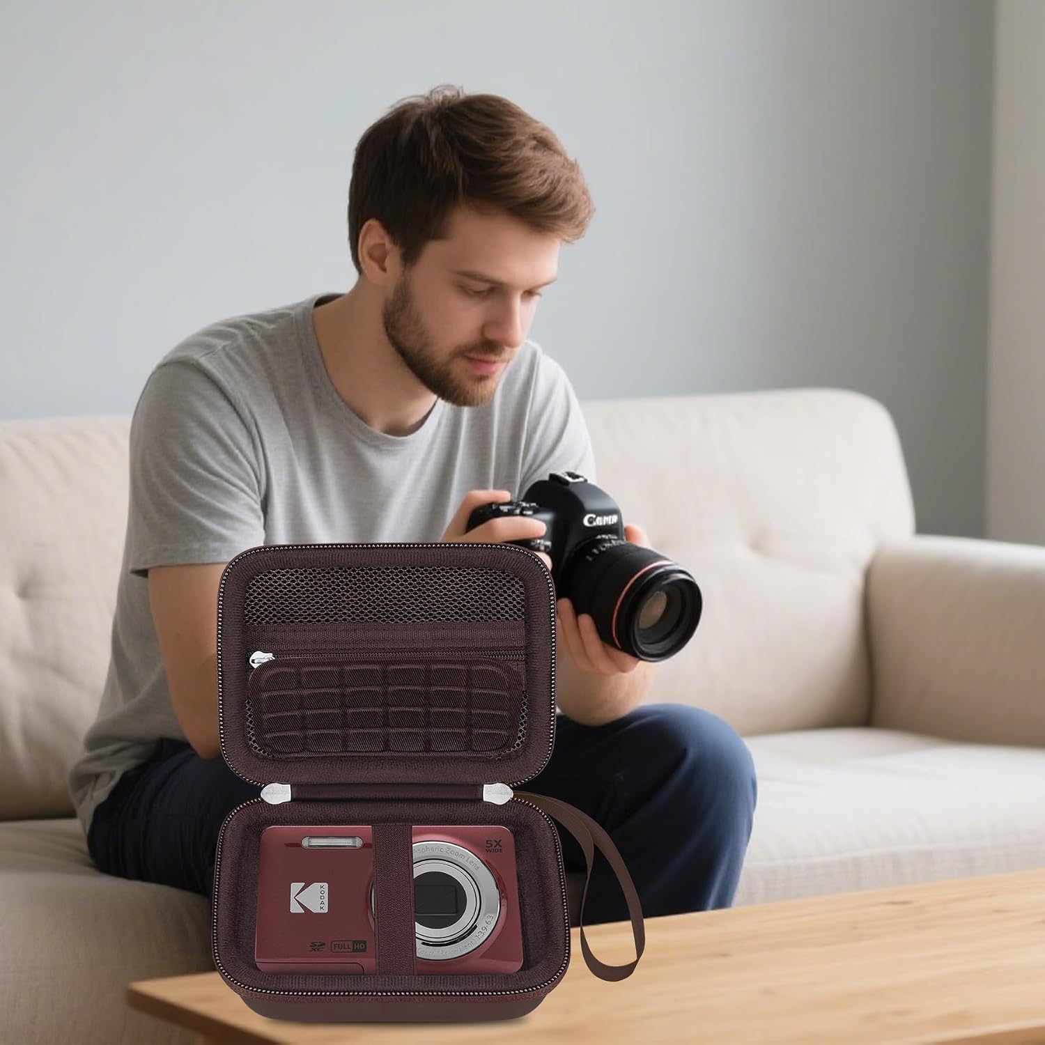 Elonbo Camera Carrying Case for KODAK PIXPRO FZ55/ FZ45/ FZ53/ FZ43 16MP Digital Camera, KODAK PIXPRO Camera Storage Holder Travel Bag, ​Mesh Bag Fits Batteries Cable Memory Card Card Reader, Brown