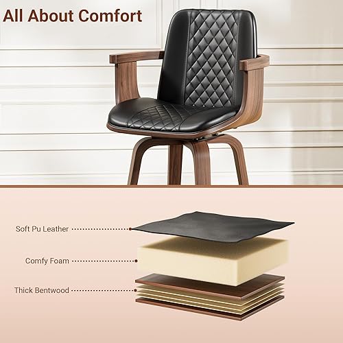 Miniatura 6 de Juego de 2 taburetes de bar de madera curvada de 26 pulgadas con brazos, modernas sillas de bar giratorias de altura de mostrador de mediados de