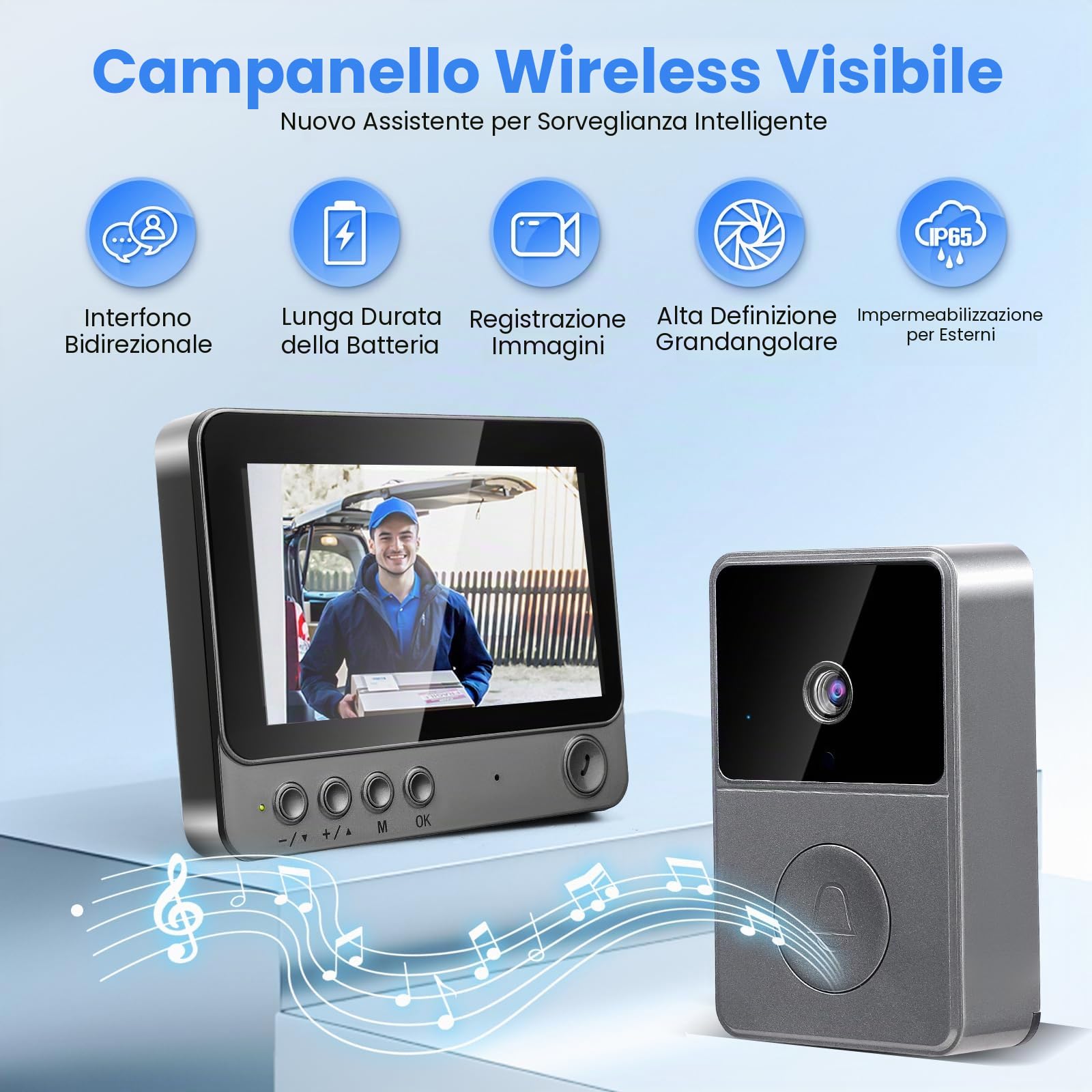 Campanello senza fili con fotocamera, IP65 esterno, impermeabile, 1080P HD schermo 4.3", 2.4G Campanello video senza fili, audio bidirezionale, visione notturna, resistente alle intemperie, supporta