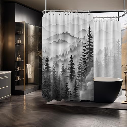 Miniatura 57 de Cortina de ducha azul marino de bosque Cortina de ducha azul oscuro de montaña y naturaleza para decoración de baño de hombres, tela impermeable con