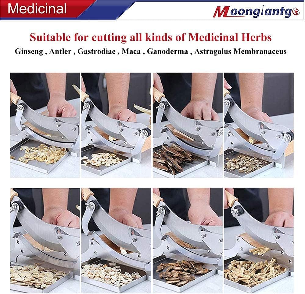 Moongiantgo Affettatrice Manuale per Medicina Cinese, 0-12mm Regolabile | 23cm Lama in Acciaio Inox, Spessore Regolabile, Vassoio Magnetico, Base in Legno, per Ginseng, Gastrodia, Carne Secca, Erbe