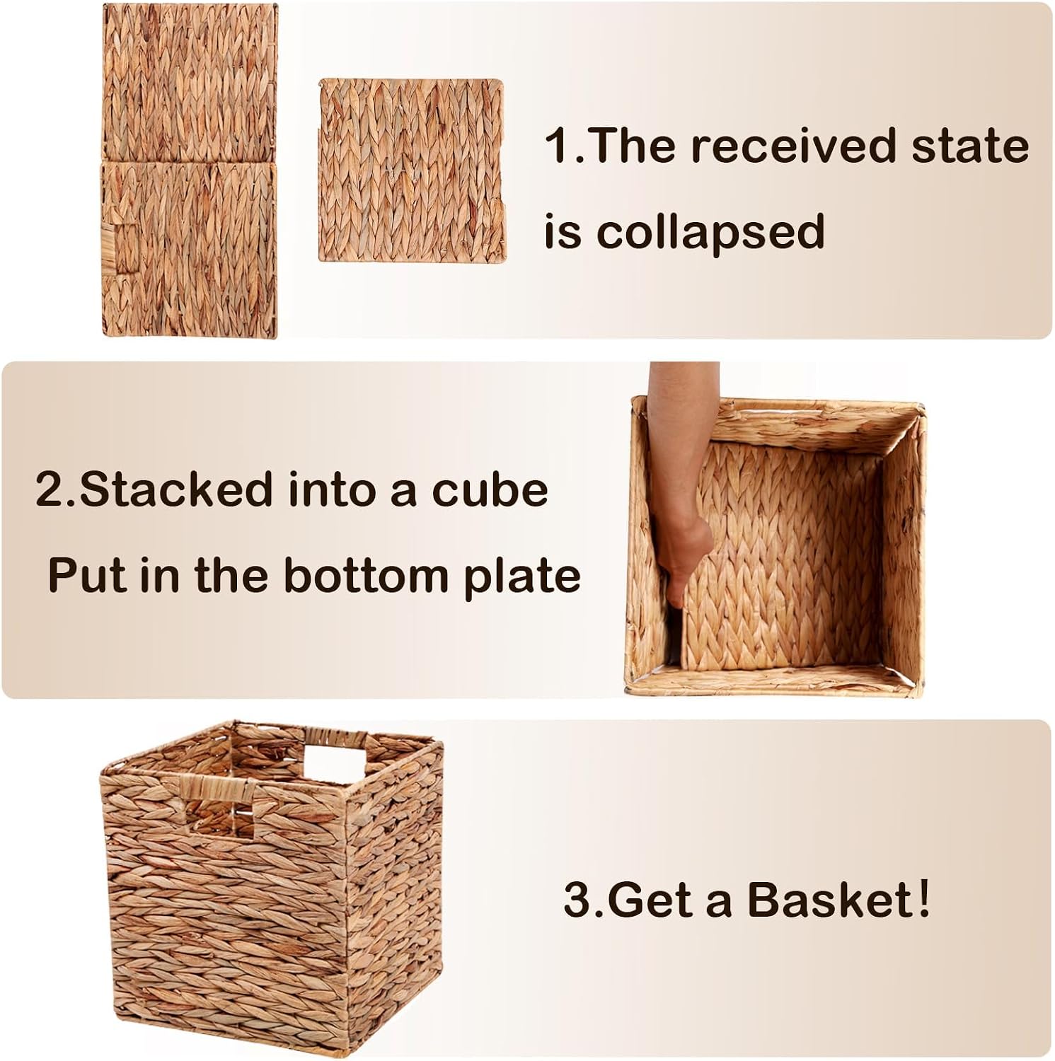 11x11in Wicker Storage Basket Set of 2 Collapsible Hyacinth Cube Storage Baskets,Storage Bins for Organizing Storage Basket with Built-in Handles