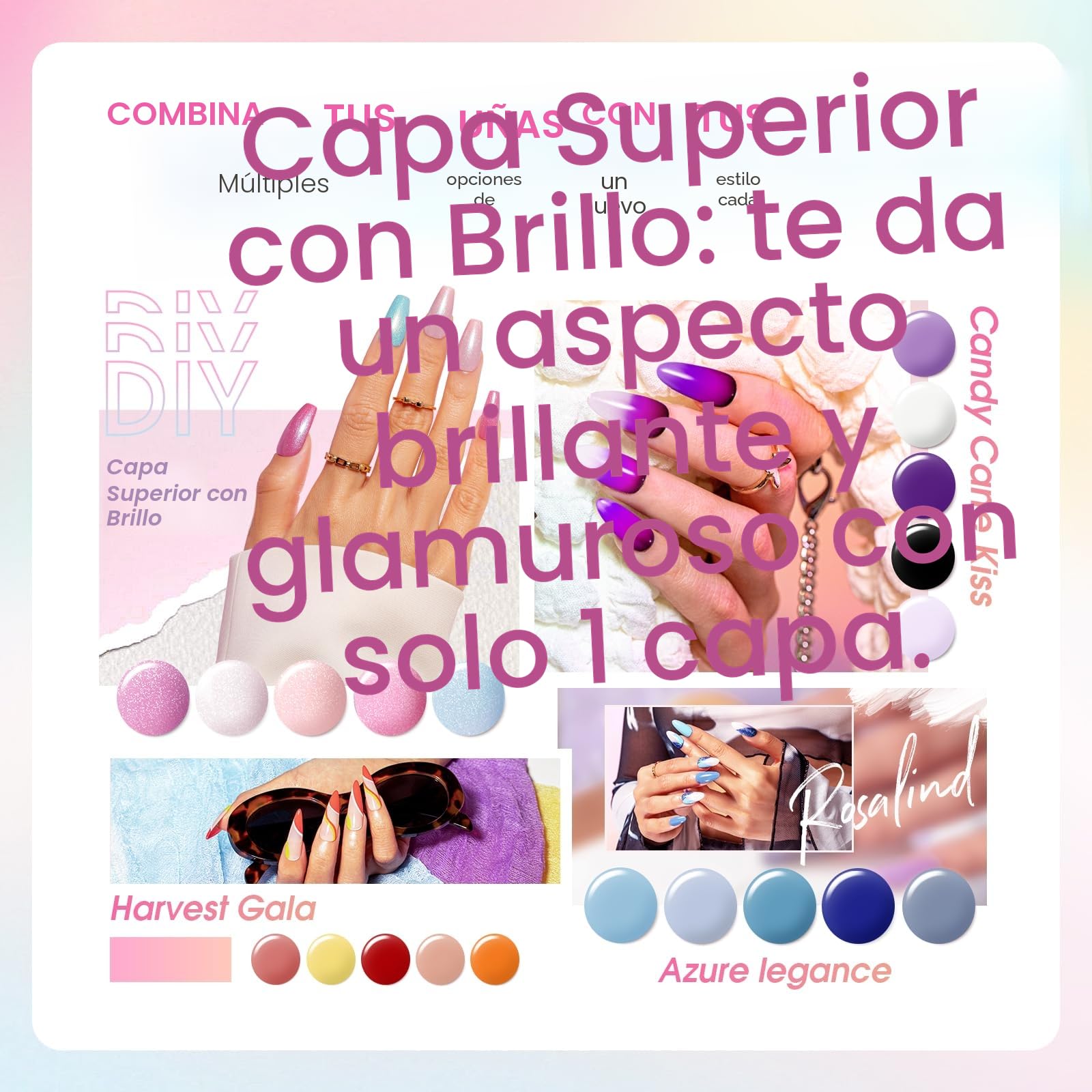 ROSALIND Uñas Semipermanentes Kit Completo Lámpara 48W, 44+4 Piezas Kit Uñas Semipermanentes Rosa Verde Rojo Azul Morado Gris Pintauñas Gel Manicura Regalo