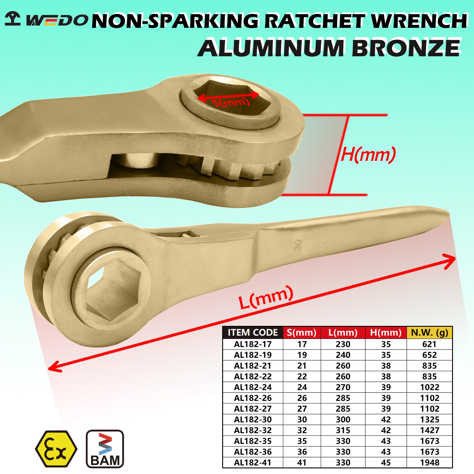 WEDO Nieiskrzący klucz z grzechotką o dużej wytrzymałości, iskrzący 6-punktowy klucz końcowy, metryczny 22 mm, długość 260 mm, spiczasty płaski uchwyt, aluminiowy brąz, odporność na korozję, standard